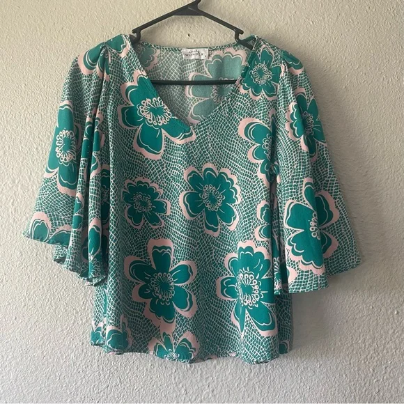 Emily Wonder Floral Blouse Womens S Green Hibiscus Checkered Flared Sleeves Boho - Picture 3 of 10